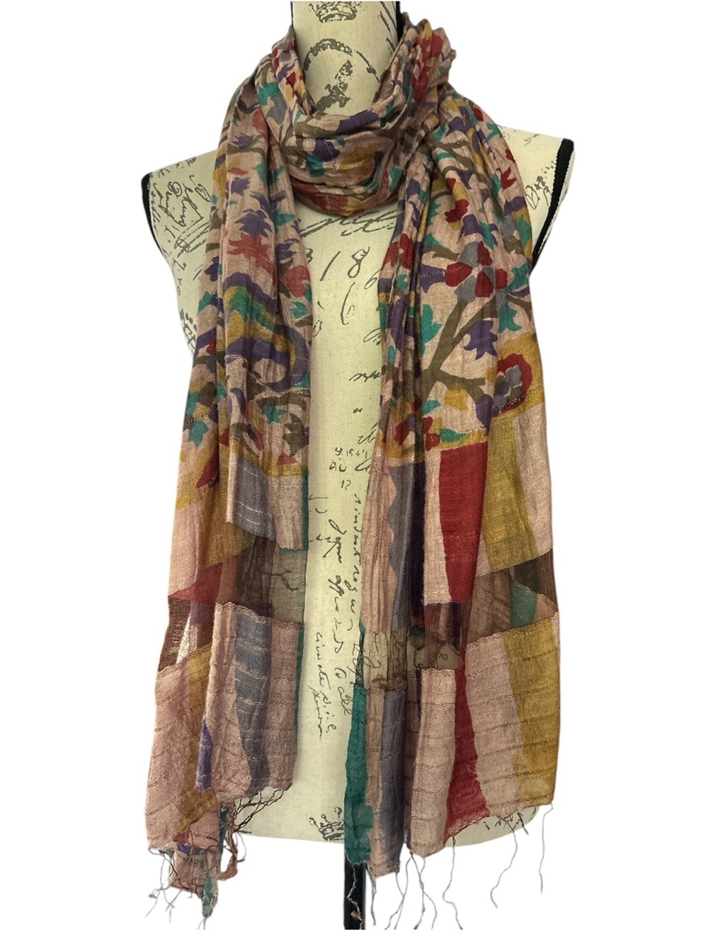 Windhorse 100% silk scarf- vintage. Muted earth-tone colors, crinkle fabric